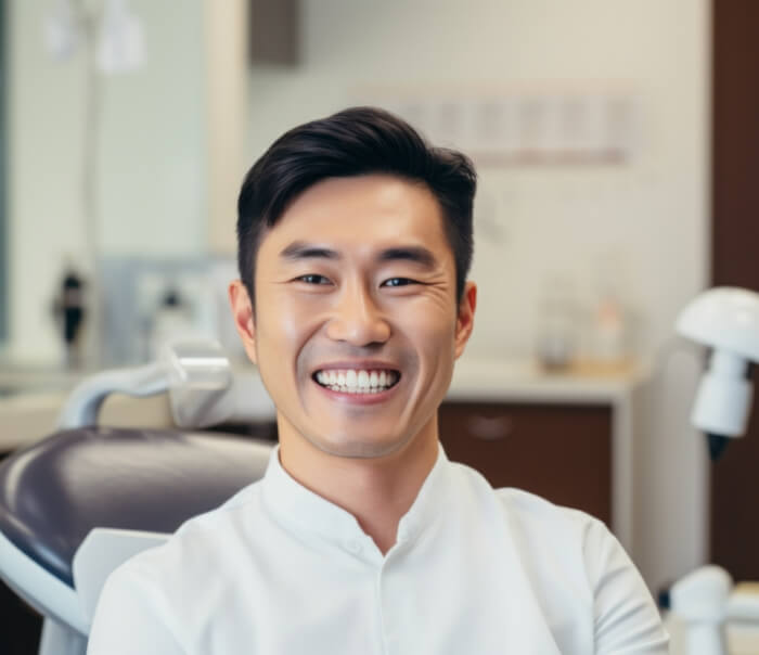 Man in white shirt smiling in dental chair